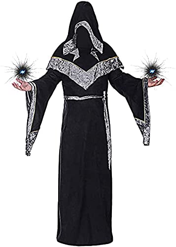 Mystische Zauberer Robe Halloween Cosplay Kostüme für Männer, Erwachsene Mittelalter Uniform Vintage Renaissance Kleidung, Herren Outfit Zauberer Mantel Umhang(Schwarz,S) von jakloz