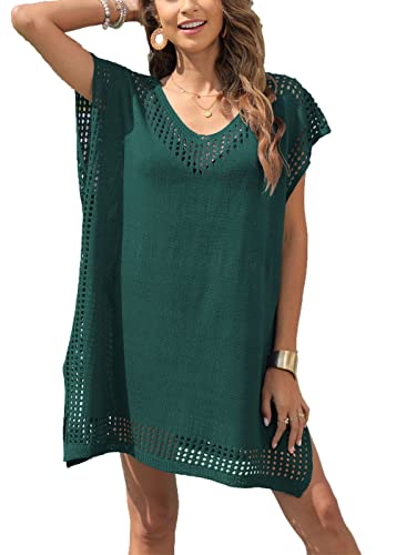 jakloz Damen Strandkleid V Ausschnitt Gestrickte Sommerkleider Strandponcho, Strandkleider Sexy Bikini Cover Up Boho Badeanzug Pareos(Grün,OneSize) von jakloz