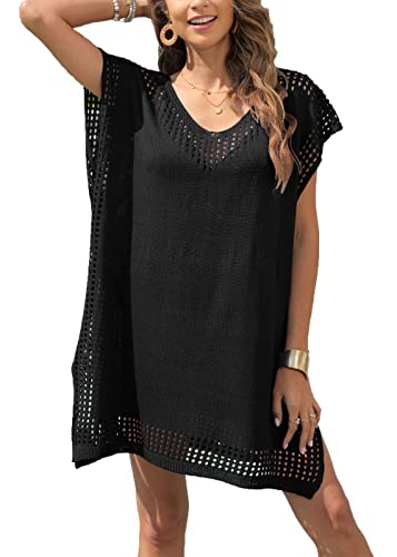 jakloz Damen Strandkleid V Ausschnitt Gestrickte Sommerkleider Strandponcho, Strandkleider Sexy Bikini Cover Up Boho Badeanzug Pareos(Schwarz,OneSize) von jakloz