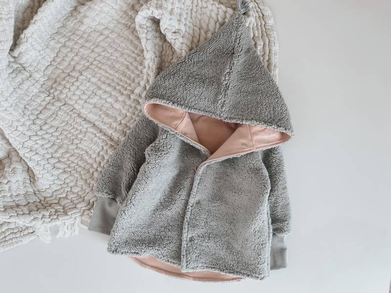 Teddy Jacke Grau Rosa - Winterjacke Baby Fleecejacke Warm Gefüttert Outdoor Mädchen Junge Größe 80 Handmade Kinderjacke von jandbIdesign