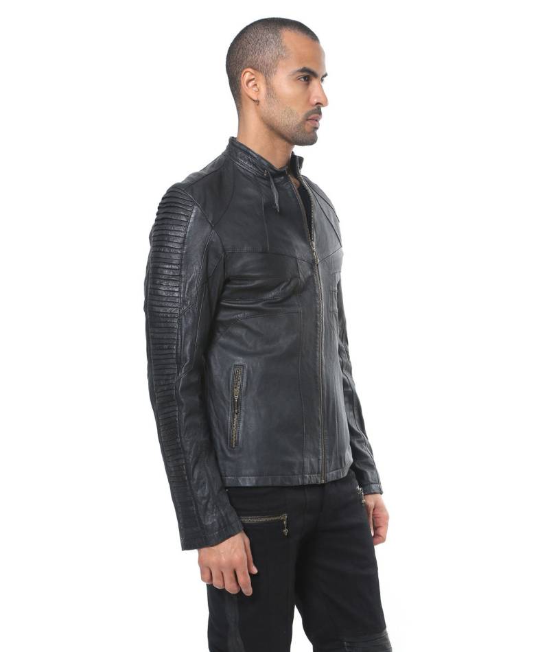 Gerippte Schwarze Lammlederlederjacke - Herren Moto Cafe Racer Ribbed Jacket Von Jan Hilmer von janhilmer