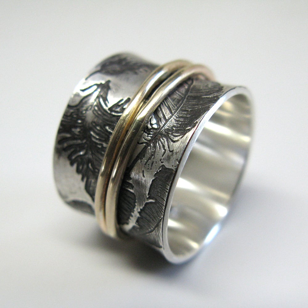 Federn Spinner Ring Aus Recycled Sterling Mit 10K Gold Oder Federn Spinner Ring Aus Recycled Sterling Mit 10K Gold Oder von janiceartjewelry
