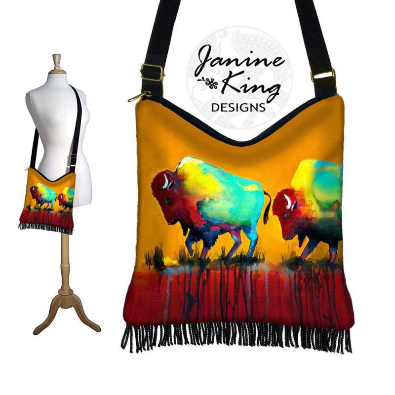 Clara Nilles Hippie Tasche Hobo Geldbörse Crossbody Slouch Bag Gyspy Boho Fransentasche Buffalo Bison Southwestern Zipper Orange Blau Rot Fabric Rts von janinekingdesigns