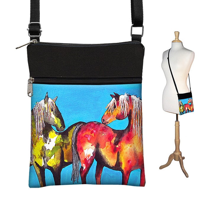 Clara Nilles Schultertasche Crossbody Bag Kleine Reisetasche Geldbörse Reißverschluss - Pferde Gemalte Ponies Türkis Rot Mto von janinekingdesigns