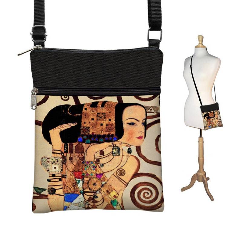 Kleine Crossbody Bag Cross Body Geldbörse Sling Schultertasche Stoff Handtasche Hipster Tasche Jugendstil Gustav Klimt Erwartungsfrau Göttin Mto von janinekingdesigns