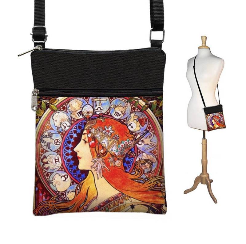Kleine Crossbody Tasche Cross Body Geldbörse Schultertasche Für Frauen Boho Stoff Handtaschen Passport Alphonse Mucha Sternzeichen Jugendstil Rts von janinekingdesigns