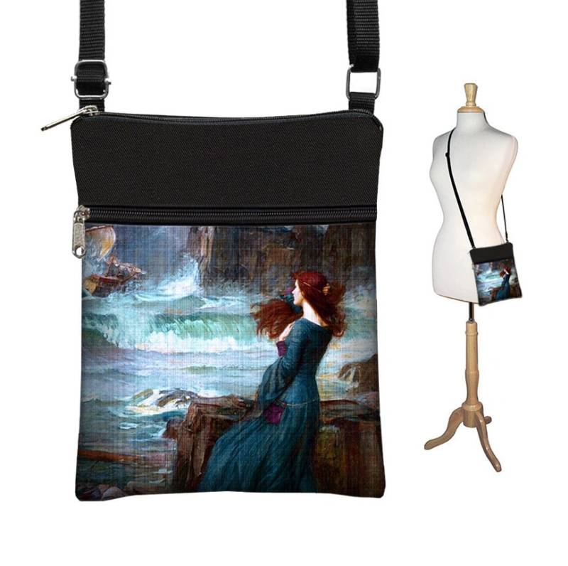 Kleine Crossbody Taschen Für Frauen Stoff Handtaschen Boho Tasche Geldbörse Schwarze Schultertasche Waterhouse Tempest Pre-Raphaelite Art Bag Rts von janinekingdesigns