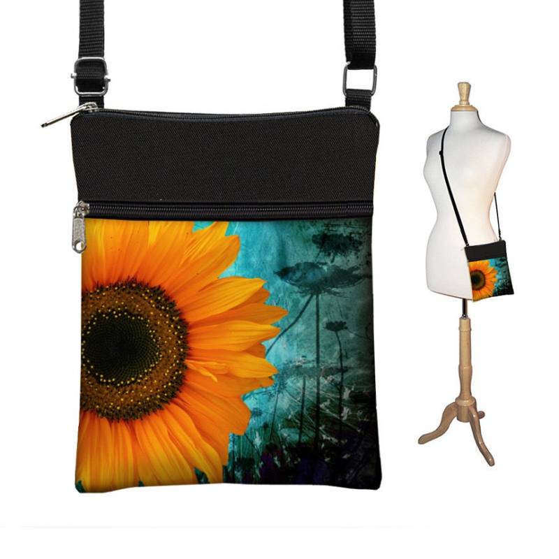 Kleine Umhängetasche, Crossbody Bag Sling Schultertasche Ereader Tasche Rustic Sunflower Floral Blau, Gelb, Schwarz Rts von janinekingdesigns