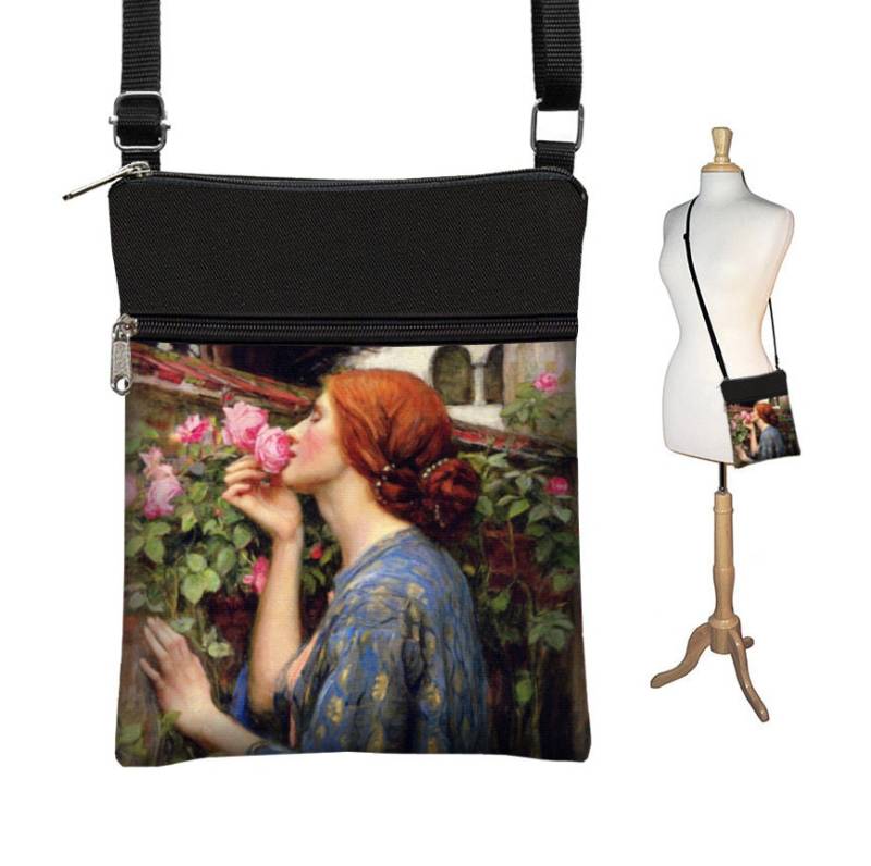 Kleine Umhängetasche Crossbody Geldbörse Schultertasche Stoff Handtasche Kunst Tasche Waterhouse Soul Of The Rose Pre-Raphaelite Woman Blau Rosa Rts von janinekingdesigns