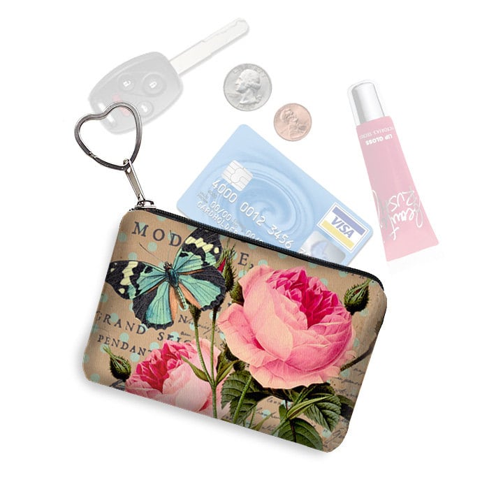 Shabby Rose Reißverschluss-Geldbörse Schlüsselanhänger Fob Visitenkartenetui Kleines Federmäppchen Brautjungfer Geschenk Pink Vintage Floral von janinekingdesigns