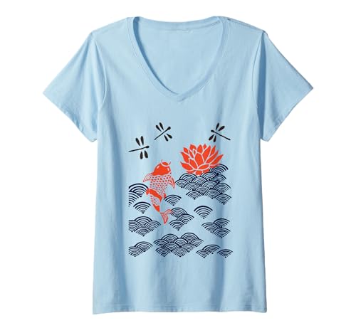 Damen Japanischer Stil Koi Fisch Libelle Wave Kunstdruck T-Shirt mit V-Ausschnitt von japanese style koi fish dragonfly v-neck t-shirt