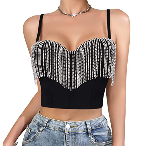 Jascaela Damen Strass Bustiers Crop Top Sexy Spaghettiträger Punk Korsett Rave Party Clubwear, Diamantquaste, Small von jascaela