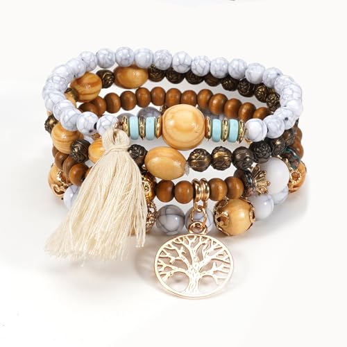 jatimdotin 4 Stück Boho Holzperlen Armband, Geschenke für Frauen, Boho Armbänder Holzperlen Quaste, Frauen Baum des Lebens Charm Statement Armreifen, Armband Geschenk von jatimdotin