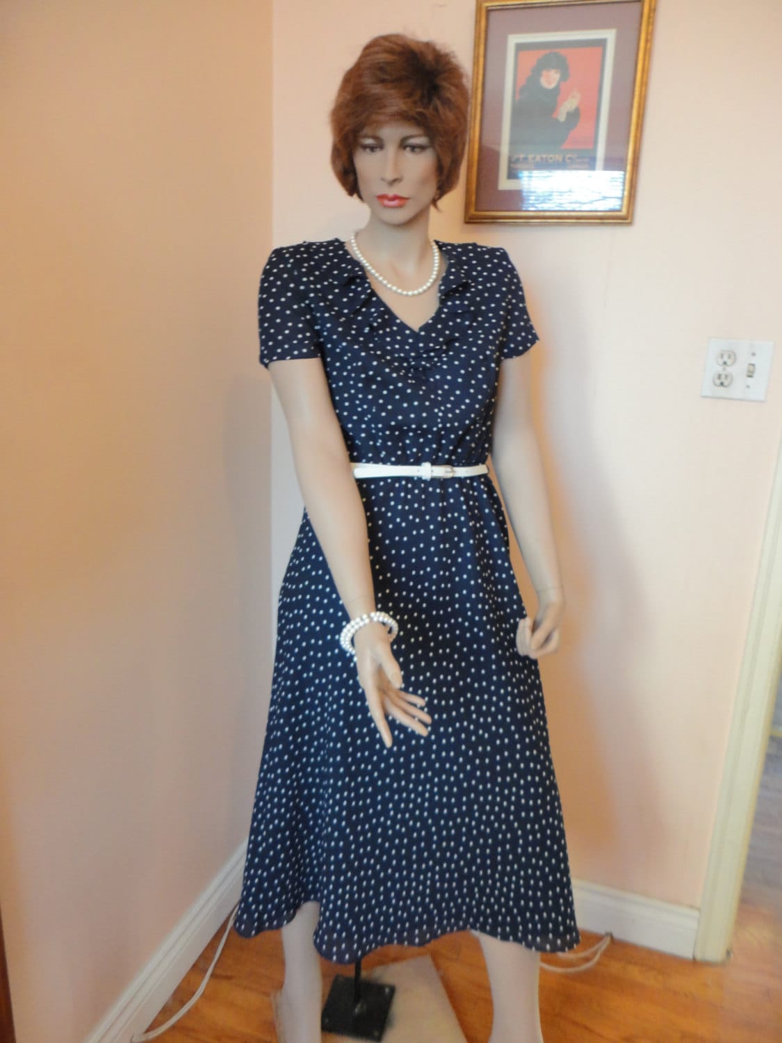 90Er Jahre Marine Polka Dot Kleid Mit Gürtel Sz 6 von javals