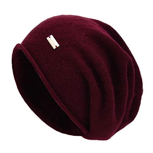 jaxmonoy Slouchy Strickmütze für Damen, Winter, weich, warm, leicht, gestrickt, Totenkopf-Mütze, Weinrot, Einheitsgröße von jaxmonoy