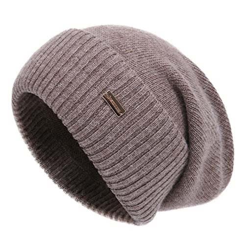 jaxmonoy Kaschmir-Mütze für Damen, Winter, leicht, Wolle, Strickmütze, Bündchen, weich, warm, Slouch-Beanie-Mütze, Braun, Einheitsgröße von jaxmonoy