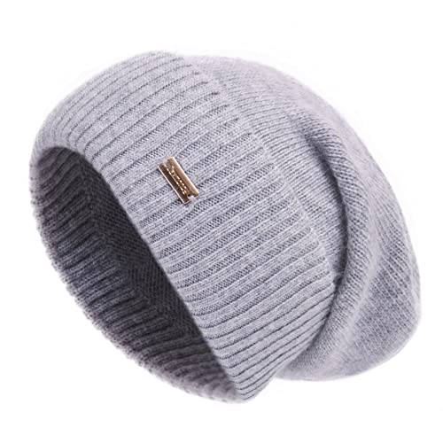 jaxmonoy Kaschmir-Mütze für Damen, Winter, leicht, Wolle, Strickmütze, Bündchen, weich, warm, Slouch-Beanie-Mütze, Hellgrau, Einheitsgröße von jaxmonoy