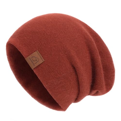 jaxmonoy Strickmütze aus Wolle und Kaschmir, Wintermützen für Damen, weich, warm, doppellagig, wendbar, Slouchy Skull Beanie Mütze, Rostrot, Medium von jaxmonoy