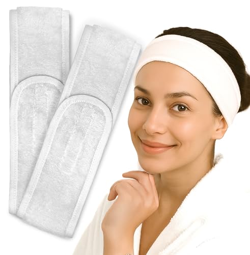 Kosmetik Haarband aus Baumwolle-Frottee – Verstellbares Stirnband für Make-up, Gesichtspflege, Spa & Wellness – Weiches Haarband mit Klettverschluss (2 Stück) von jazzylab