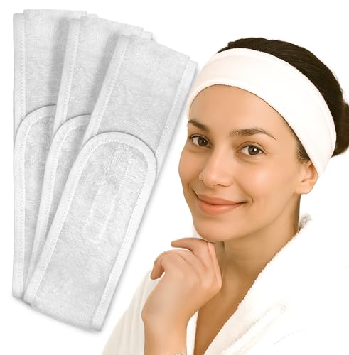 Kosmetik Haarband aus Baumwolle-Frottee – Verstellbares Stirnband für Make-up, Gesichtspflege, Spa & Wellness – Weiches Haarband mit Klettverschluss (3 Stück) von jazzylab