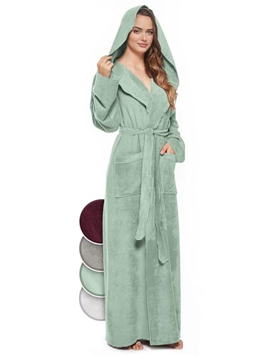 jazzylab Bademantel Damen mit Kapuze extra lang 100% Baumwolle (340 gm²), Mint hell, M von jazzylab