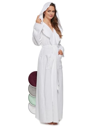 jazzylab Bademantel Damen mit Kapuze extra lang 100% Baumwolle (340 gm²), Weiß, L von jazzylab