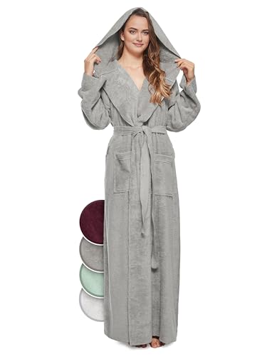 jazzylab Bademantel Damen mit Kapuze extra lang 100% Baumwolle (340 gm²), Grau, M von jazzylab