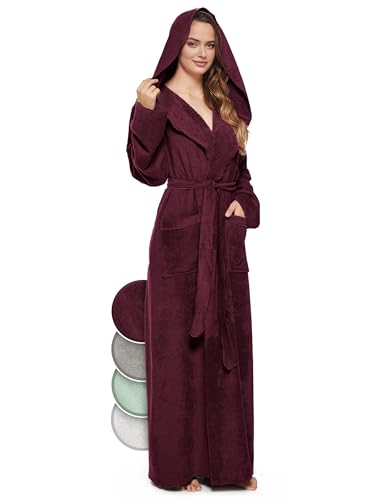 jazzylab Bademantel Damen mit Kapuze extra lang 100% Baumwolle (340 gm²), Weinrot, L von jazzylab