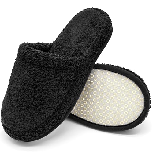 jazzylab Badepantoletten aus Frottee – Gäste-Pantoffeln aus 100% Baumwolle mit Memory Foam, Duschschlappen & Slipper für Sauna, Hotel & Spa, waschbar, rutschfest - Schwarz, 43-46, BL-2 von jazzylab