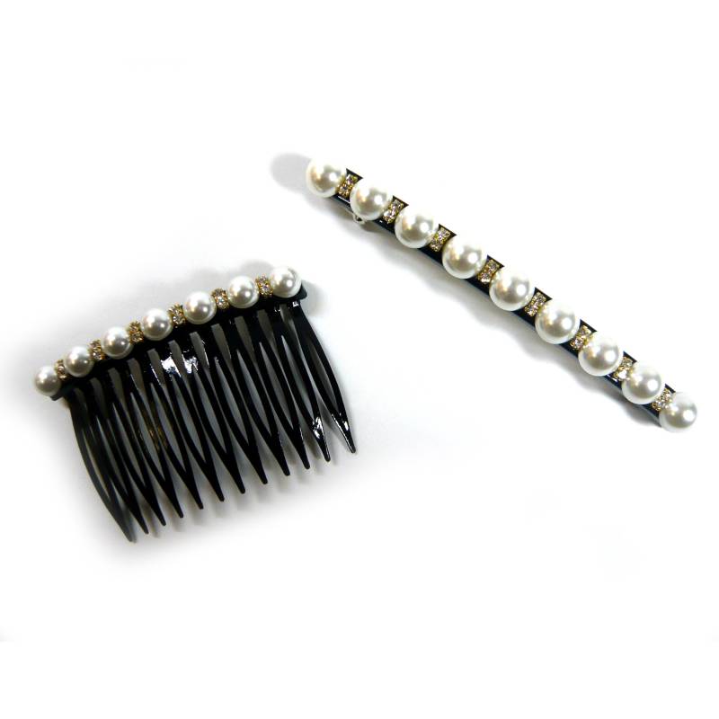 Creme Farbige Faux Perle Strass Dekor Schwarz Kunststoff Haarkamm Haarspange Clip Pin Frauen Lady Girl Hochzeit Braut Elegante Mode Zubehör von jbonamade