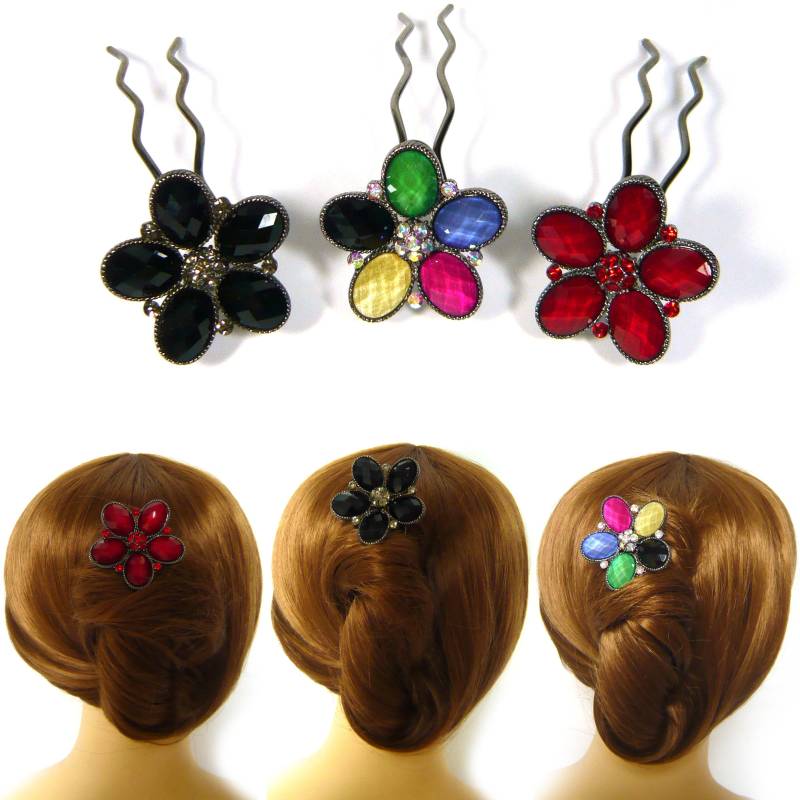 Rot Schwarz Multi Farbe Acryl Kristall Strass Blume Wellige Metall Haar Stick Gabel Pick Clip Pin Griff Zubehör Frauen Lady Girl Chic Mode von jbonamade
