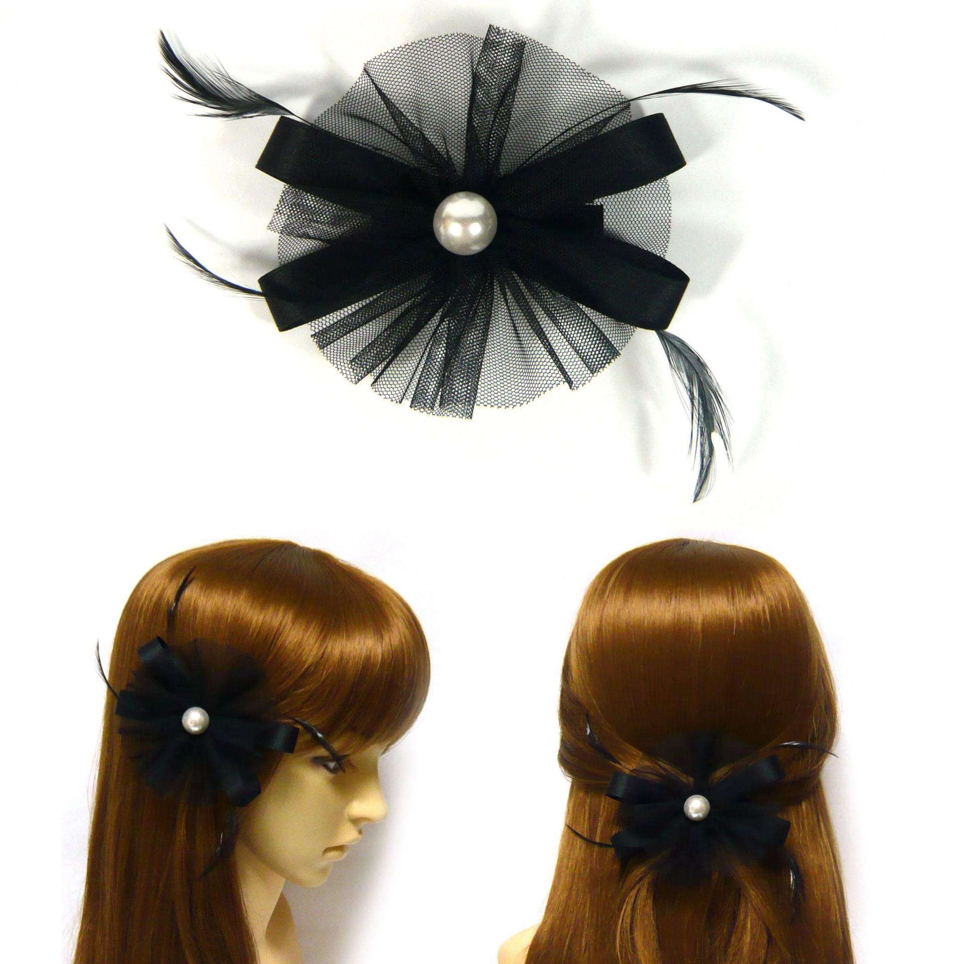 Schwarz Dünne Runde Netz Mesh Blume Band Schleife Faux Perle Feder Dekor Fascinator Stil Haar Span Pin Haarnadel Frauen Mode Zubehör von jbonamade