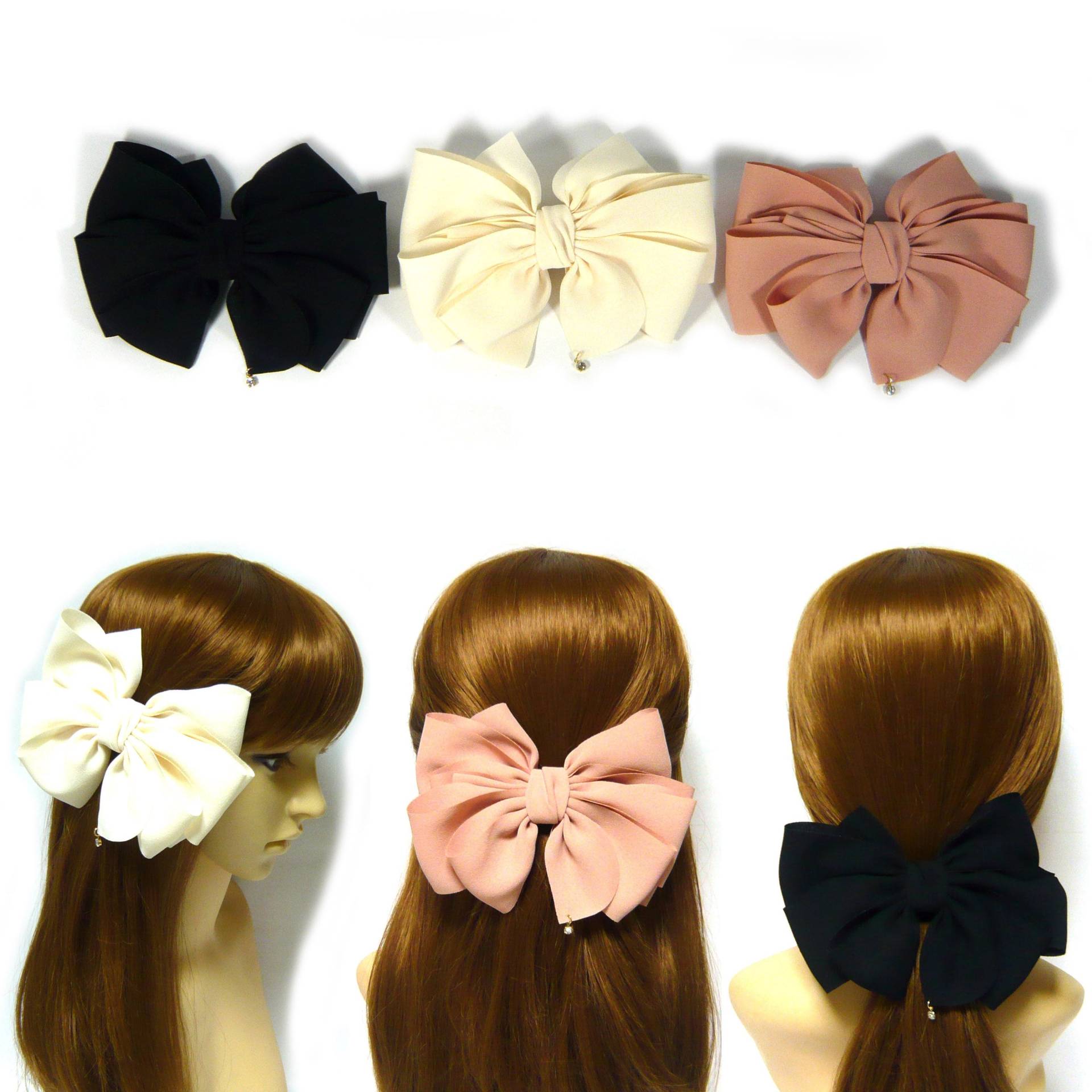 Soft Large White Pink Black Fabric Ribbon Bow Barrette Hair Clip Hairpin Dangle Mini Crystal Lovely Feminine Style Women Fashion Accessory von jbonamade
