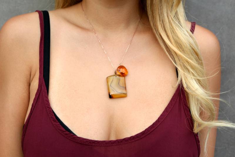 Schöne Natürliche Braun Botswana Achat Cabochon Edelstein, Citrin Perlen, Rose Gold Kette - Chakra Und Energiearbeit von jchristydesign