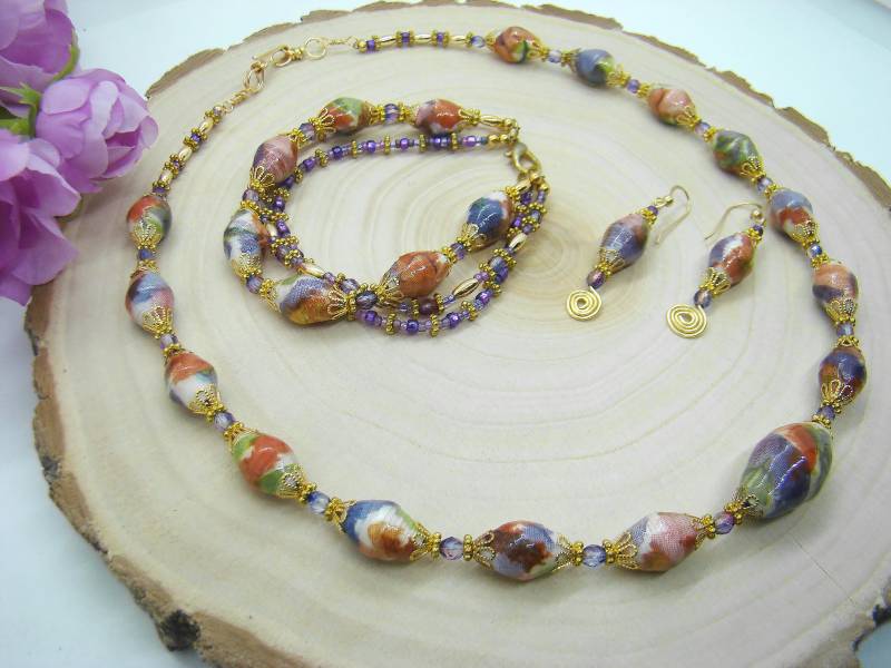 Decoupage Papier Perlen Halskette Set Armband, & Ohrringe, Handgefertigte Perlen, Schmuck Für Frauen Decoupage Papier Perlen Halskette Set Armband, & Ohrringe, Handgefertigte Perlen, Schmuck Für Frauen von jdcraftsunlimited