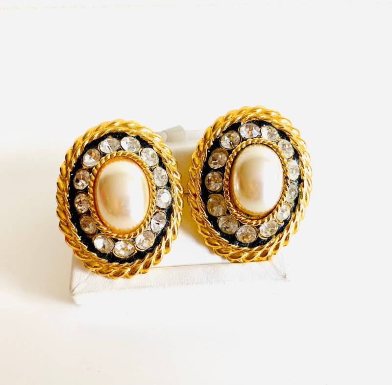 Vintage 80Er Jahre Große Gold Ton Ohrringe, Clip On Seil Klare Strasssteine Oval Stil Der von jdoves