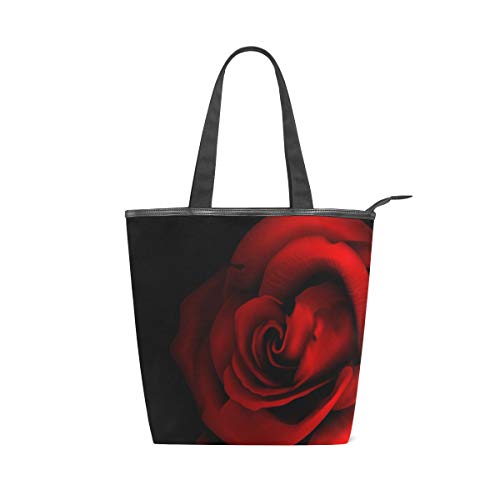Jeansame Canvas-Handtasche für Damen, Shopper mit Tragegriff, Schultertasche mit Reißverschluss, Schwarz / Rot / Rosen / Blumen von jeansame