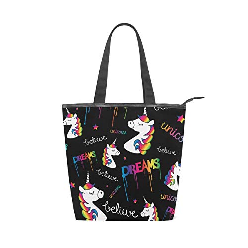 Jeansame Canvas Tote Bag Damen Shopper Top Griff Taschen Schulterhandtaschen mit Reißverschluss Süße Einhörner Regenbogen Schwarz von jeansame