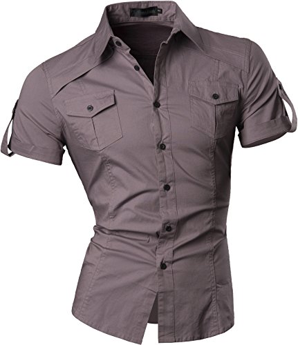 jeansian Herren Freizeit Hemden Shirt Tops Mode Langarmlig Men's Casual Dress Slim Fit 8360 Gray XL von jeansian