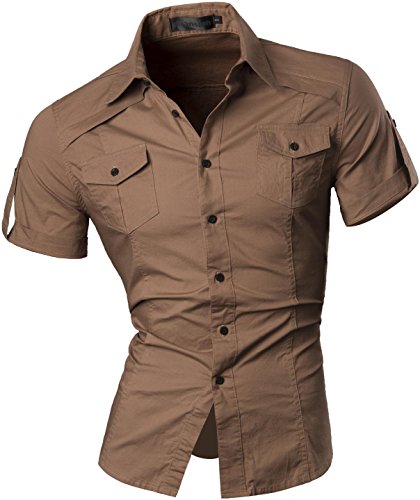 jeansian Herren Freizeit Hemden Shirt Tops Mode Langarmlig Men's Casual Dress Slim Fit 8360 Khaki L von jeansian