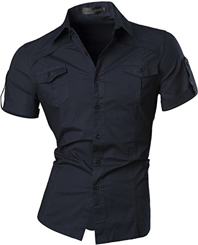 jeansian Herren Freizeit Hemden Shirt Tops Mode Langarmlig Men's Casual Dress Slim Fit 8360 DarkBlue XL von jeansian