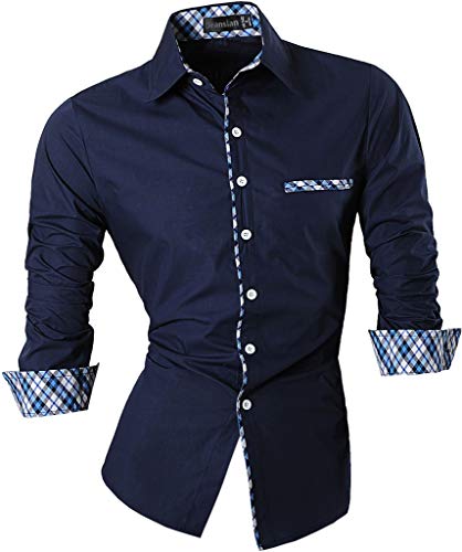 jeansian Herren Freizeit Hemden Shirt Tops Mode Langarmshirts Slim Fit Z020 DarkBlue S von jeansian