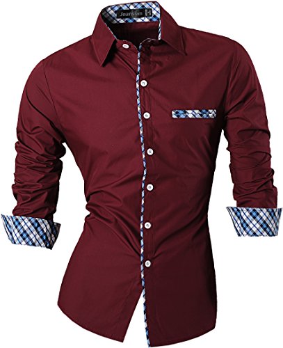 jeansian Herren Freizeit Hemden Shirt Tops Mode Langarmlig Men's Casual Dress Slim Fit Z020_WineRed_XL von jeansian