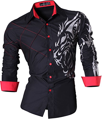 jeansian Herren Freizeit Hemden Shirt Tops Mode Langarmlig Men's Casual Dress Slim Fit Z030 Black XXL von jeansian