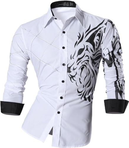 jeansian Herren Freizeit Hemden Shirt Tops Mode Langarmlig Men's Casual Dress Slim Fit Z030 White XXL von jeansian
