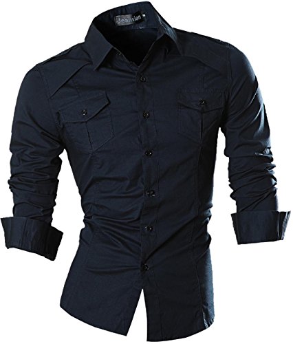 jeansian Herren Freizeit Hemden Shirt Tops Mode Langarmshirts Slim Fit 8001 DarkBlue L von jeansian