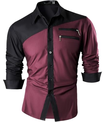 jeansian Herren Freizeit Hemden Shirt Tops Mode Langarmshirts Slim Fit Z015 WineRed S von jeansian