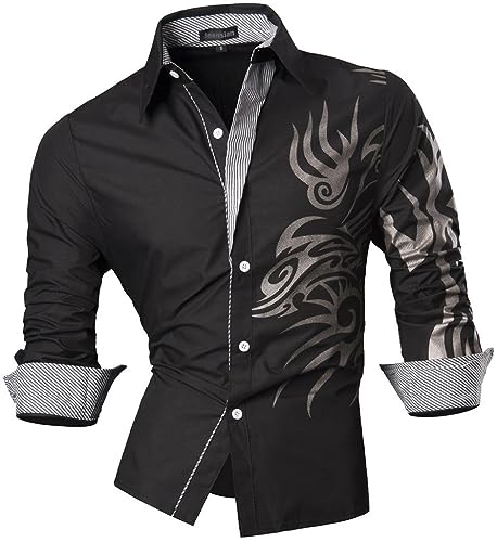 jeansian Herren Freizeit-Knopfleiste Langarm Hemd mit modischem Print Stilvoll Men Shirt K001_Black_XL von jeansian