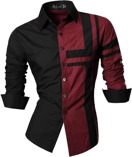 jeansian Herren Freizeit-Knopfleiste Langarm Hemd mit modischem Print Stilvoll Men Shirt K014 WineRed XL von jeansian