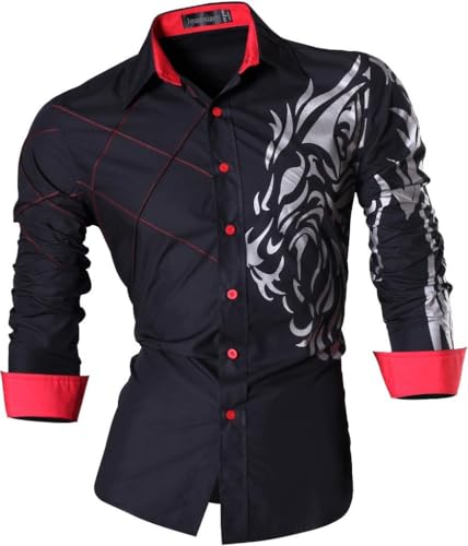 jeansian Herren Freizeit-Knopfleiste Langarm Hemd mit modischem Print Stilvoll Men Shirt K030_Black_M von jeansian